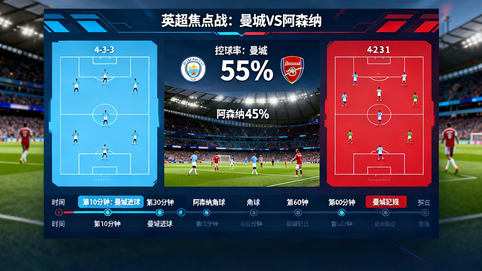 英超联赛焦点战曼城对阵阿森纳的MILE米乐实时比分直播界面，展示两队阵型、控球率与关键事件时间轴