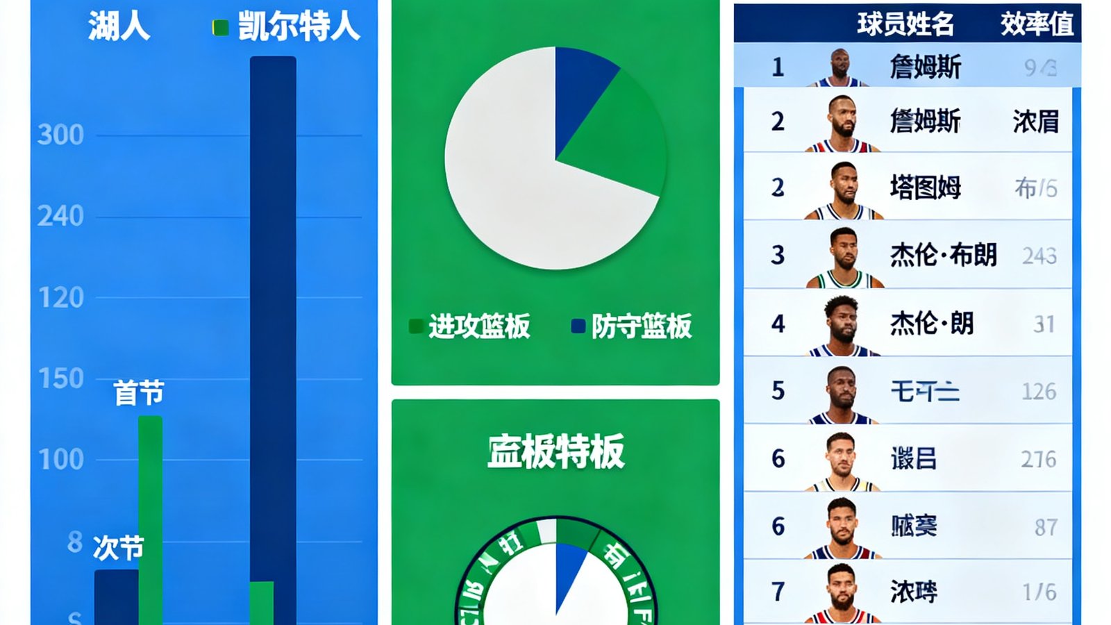 NBA常规赛洛杉矶湖人对阵波士顿凯尔特人的数据统计面板，显示得分分布、篮板对比和球员效率值
